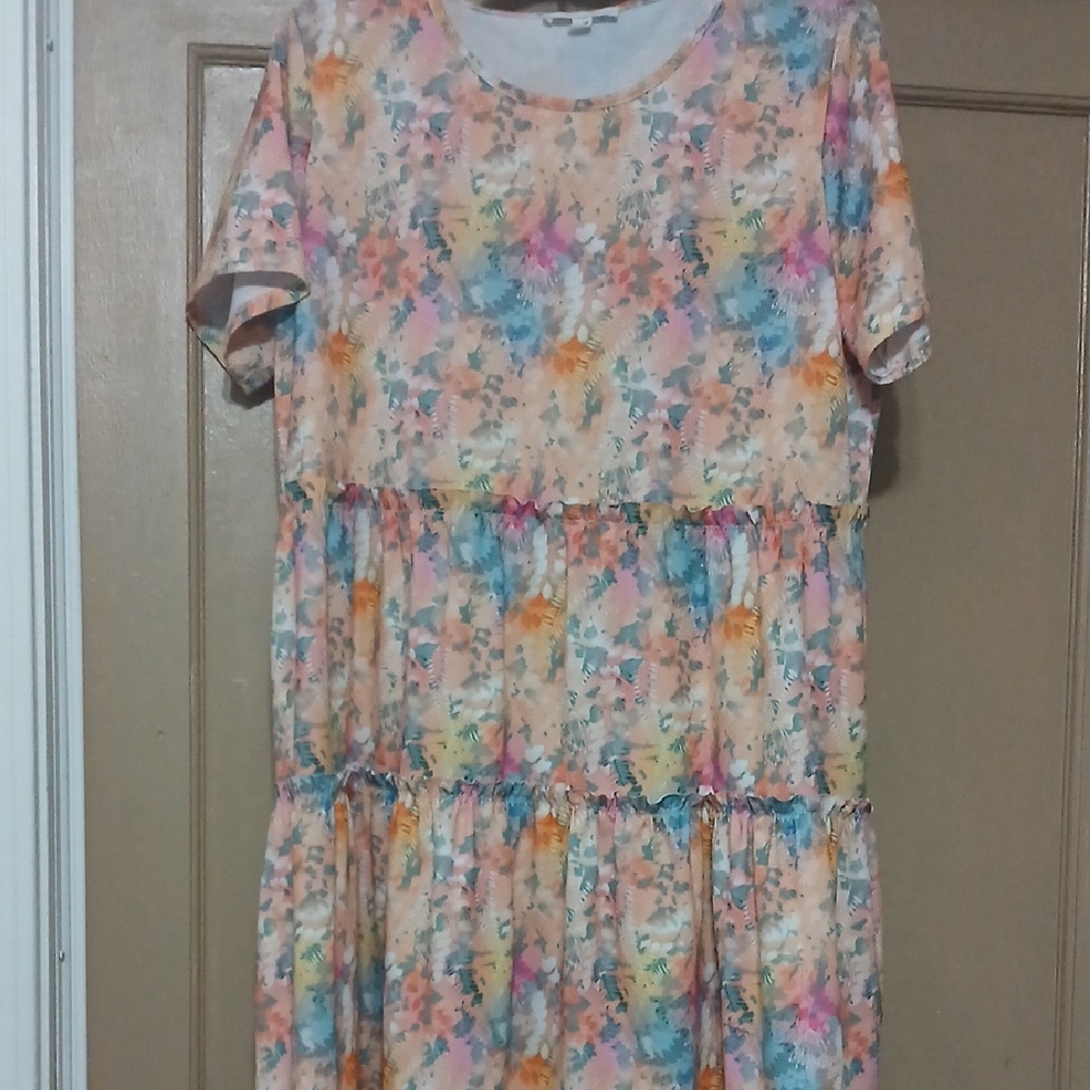 Peach Floral Tiered Mini Dress with Short Sleeves